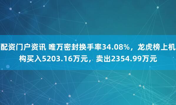 配资门户资讯 唯万密封换手率34.08%，龙虎榜上机构买入5203.16万元，卖出2354.99万元